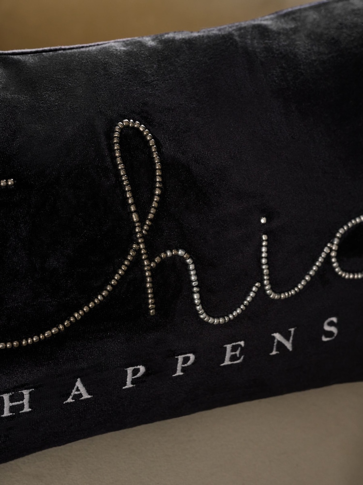 Black Chic Happens Velvet Embellished Slogan Cushion - Image 2 of 5