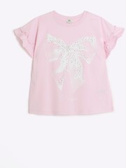 River Island Pink Girls Frill BOWS 100% Cotton T-Shirt - Image 1 of 3