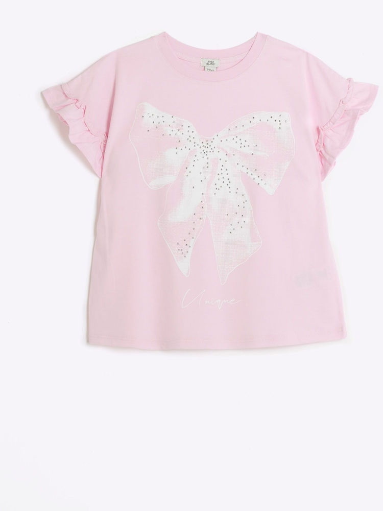 River Island Pink Girls Frill BOWS 100% Cotton T-Shirt - Image 1 of 3