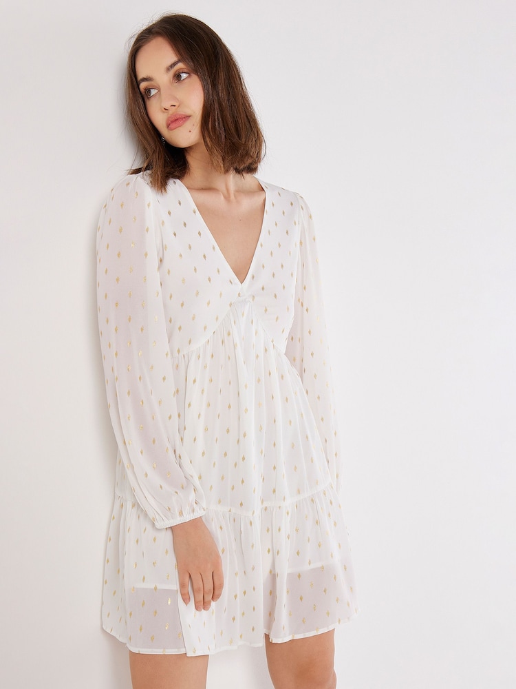 Apricot Cream Enchanted Puff Sleeve V-Neck Dress - Image 2 of 3 Apricot Cream Enchanted Puff Sleeve V-Neck Dress - Image 2 of 3