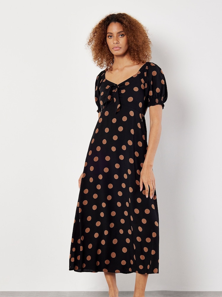Apricot Black Big Spot Bow Detail Midi Dress - Image 1 of 8 Apricot Black Big Spot Bow Detail Midi Dress - Image 1 of 8
