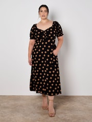 Apricot Black Big Spot Bow Detail Midi Dress - Image 5 of 8