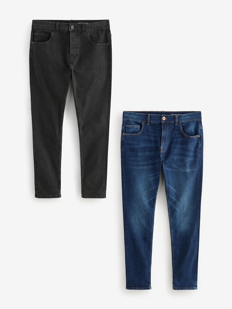 Blue Mid/Black 2 Pack Skinny Fit Classic Stretch Jeans - Image 1 of 12