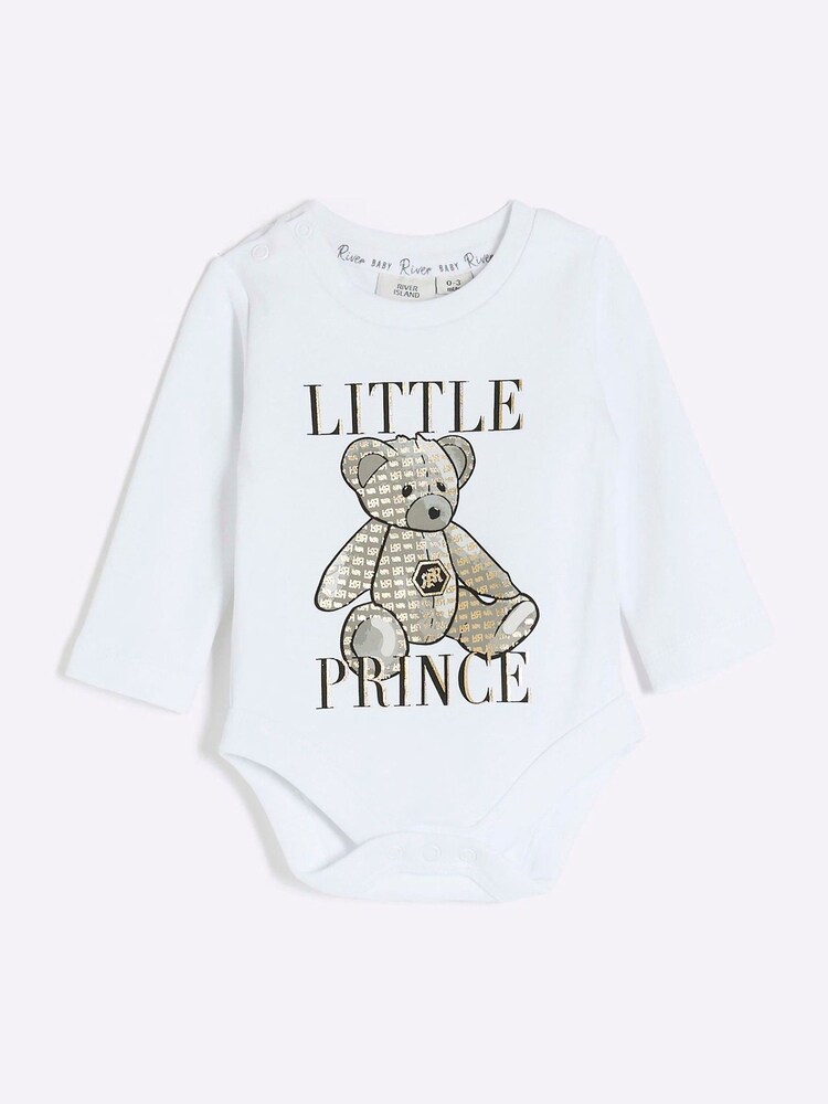 River Island White Baby Boys Bear Graphic Bodysuit - Image 1 of 3