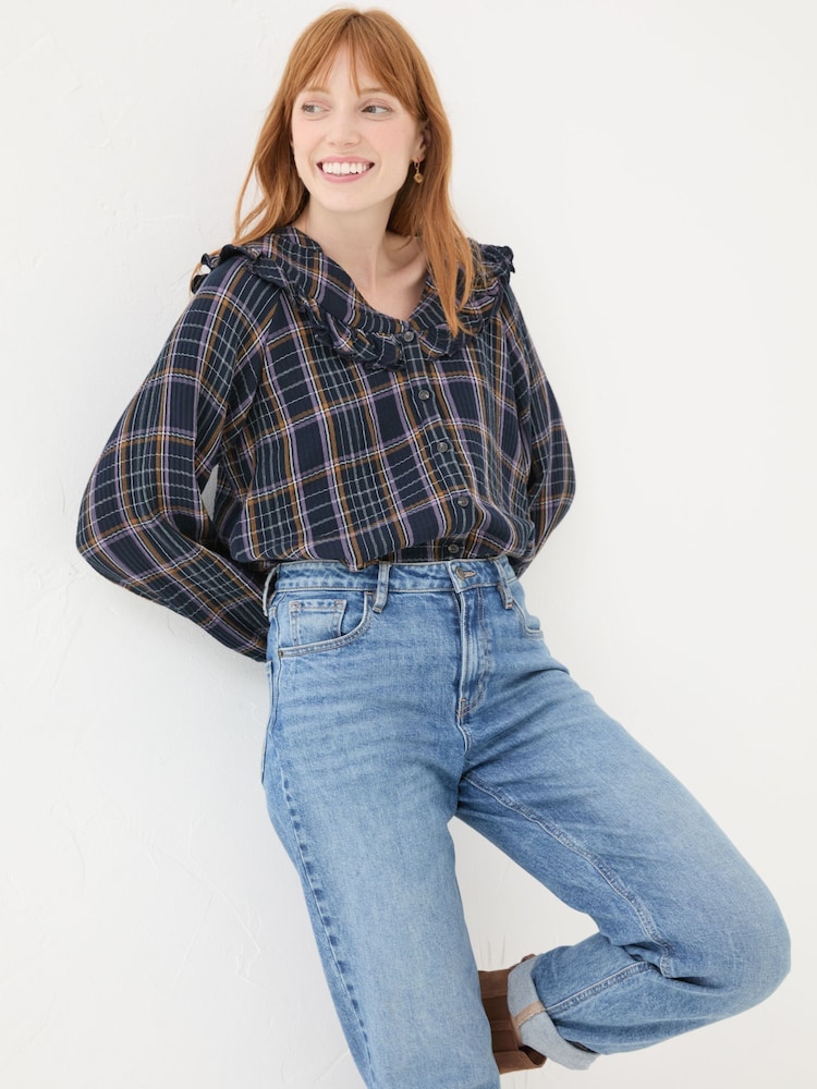 FatFace Navy 100% Cotton Nina Ruffle Blouse - Image 1 of 4