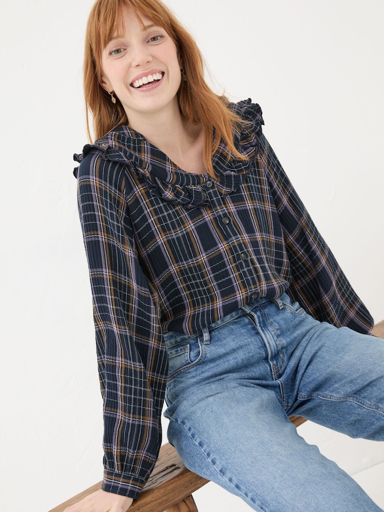 FatFace Navy 100% Cotton Nina Ruffle Blouse - Image 4 of 4