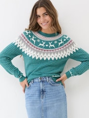 FatFace Reindeer Yoke Teal Blue Jumper - Image 1 of 6