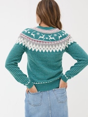 FatFace Reindeer Yoke Teal Blue Jumper - Image 2 of 6