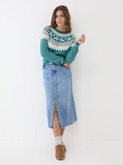 FatFace Reindeer Yoke Teal Blue Jumper - Image 3 of 6