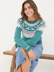 FatFace Reindeer Yoke Teal Blue Jumper - Image 4 of 6