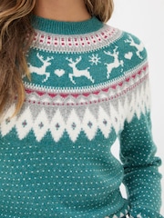 FatFace Reindeer Yoke Teal Blue Jumper - Image 5 of 6