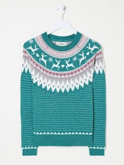 FatFace Reindeer Yoke Teal Blue Jumper - Image 6 of 6