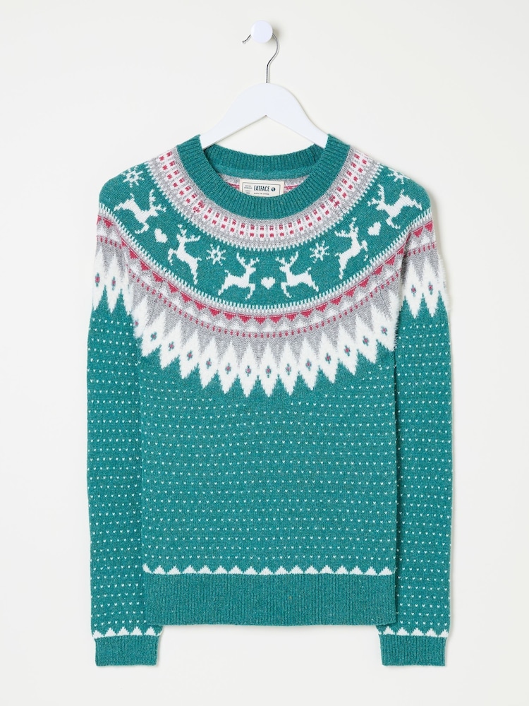 FatFace Reindeer Yoke Teal Blue Jumper - Image 6 of 6
