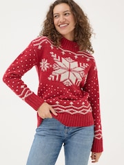 FatFace Snowflake Red Knitted Jumper - Image 1 of 5