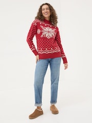 FatFace Snowflake Red Knitted Jumper - Image 3 of 5