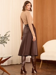 Love & Roses Brown Faux Leather Fit and Flare Midi Skirt - Image 4 of 4