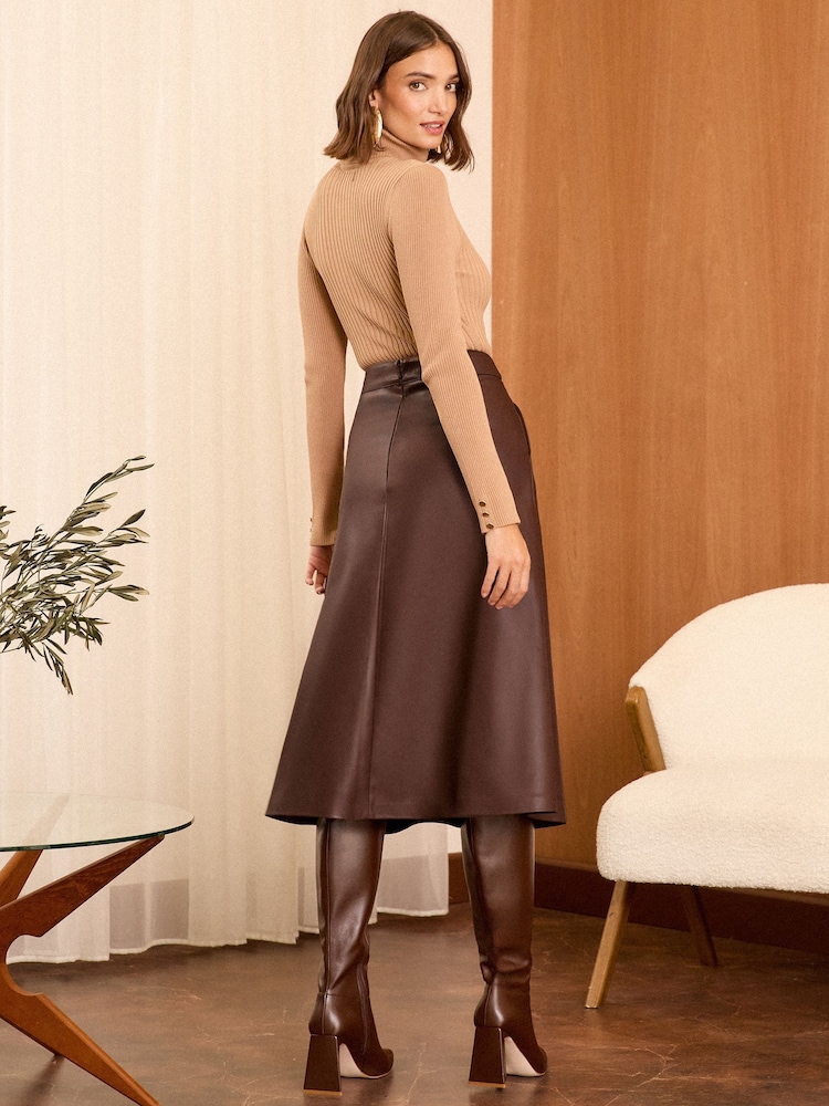Love & Roses Brown Faux Leather Fit and Flare Midi Skirt - Image 4 of 4