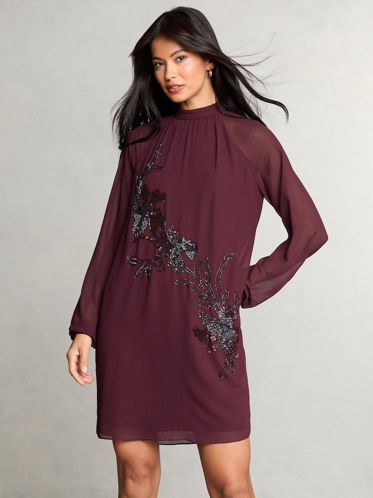 Lipsy Red Petite Long Sleeve Hand Embellished Artwork Mini Shift Dress - Image 3 of 4