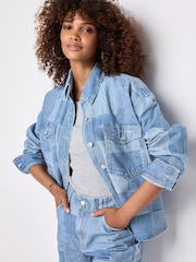 Mid Blue Patchwork Denim Cropped 100% Cotton Shirt - Image 1 of 8