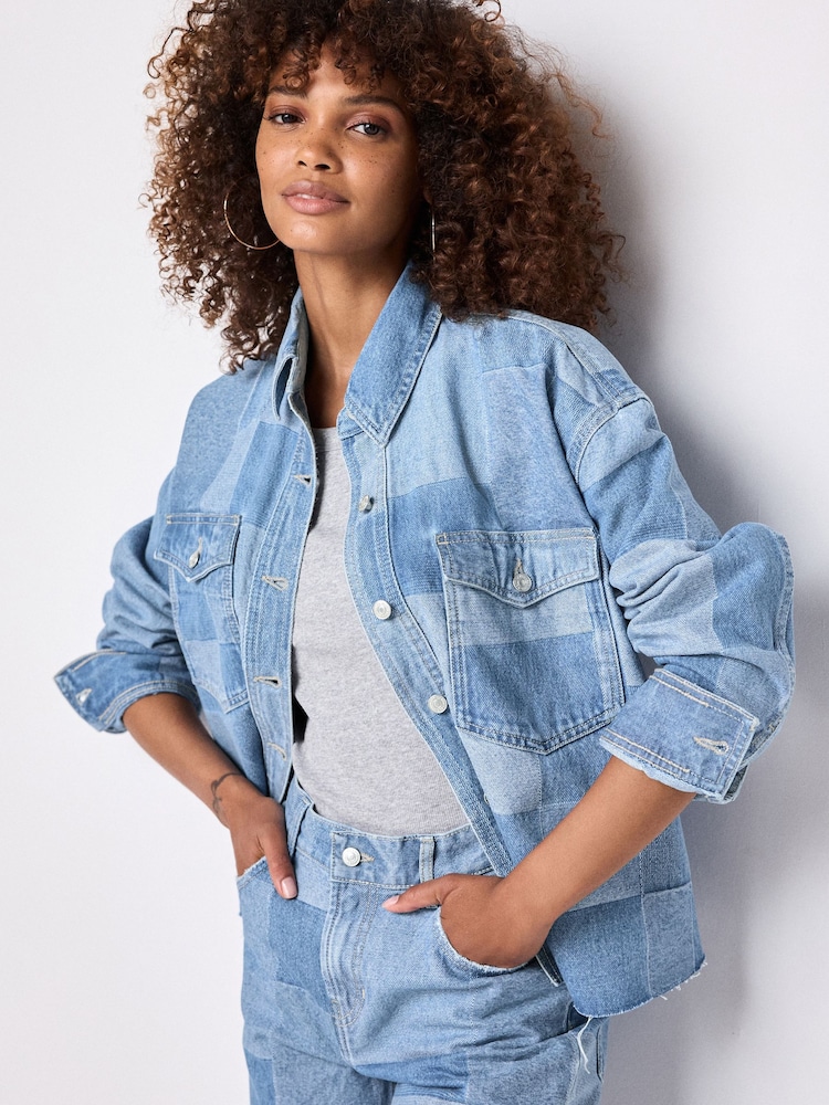 Mid Blue Patchwork Denim Cropped 100% Cotton Shirt - Image 1 of 8