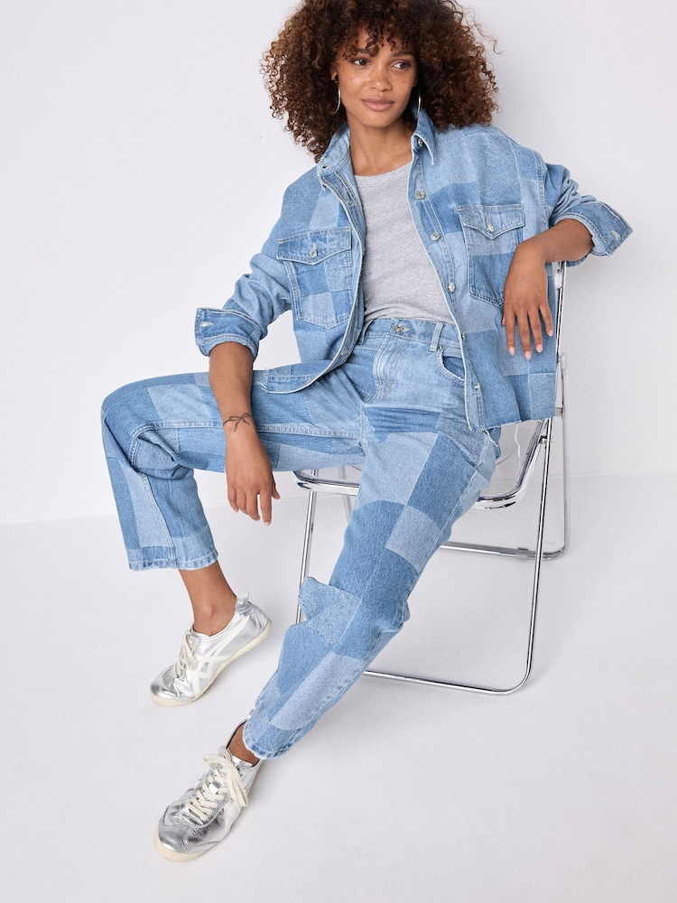 Mid Blue Patchwork Denim Cropped 100% Cotton Shirt - Image 2 of 8