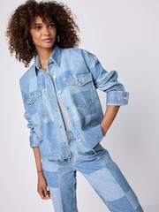Mid Blue Patchwork Denim Cropped 100% Cotton Shirt - Image 3 of 8