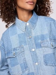 Mid Blue Patchwork Denim Cropped 100% Cotton Shirt - Image 5 of 8