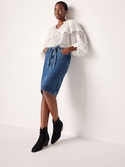 Mid Blue Belted Pocket Stitch Midi 100% Cotton Skirt - Image 1 of 6