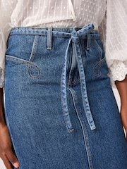 Mid Blue Belted Pocket Stitch Midi 100% Cotton Skirt - Image 4 of 6