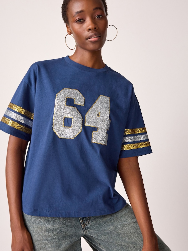 Blue Oversized Sequin Varsity Graphic 100% Cotton T-Shirt - Image 1 of 5