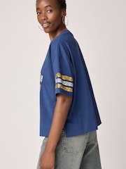 Blue Oversized Sequin Varsity Graphic 100% Cotton T-Shirt - Image 2 of 5