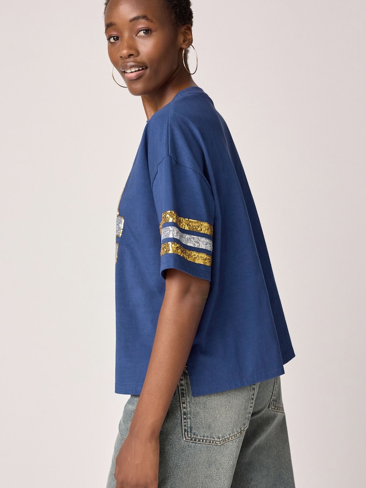 Blue Oversized Sequin Varsity Graphic 100% Cotton T-Shirt - Image 2 of 5