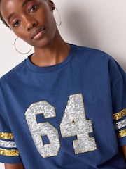Blue Oversized Sequin Varsity Graphic 100% Cotton T-Shirt - Image 3 of 5