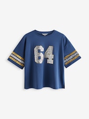 Blue Oversized Sequin Varsity Graphic 100% Cotton T-Shirt - Image 4 of 5