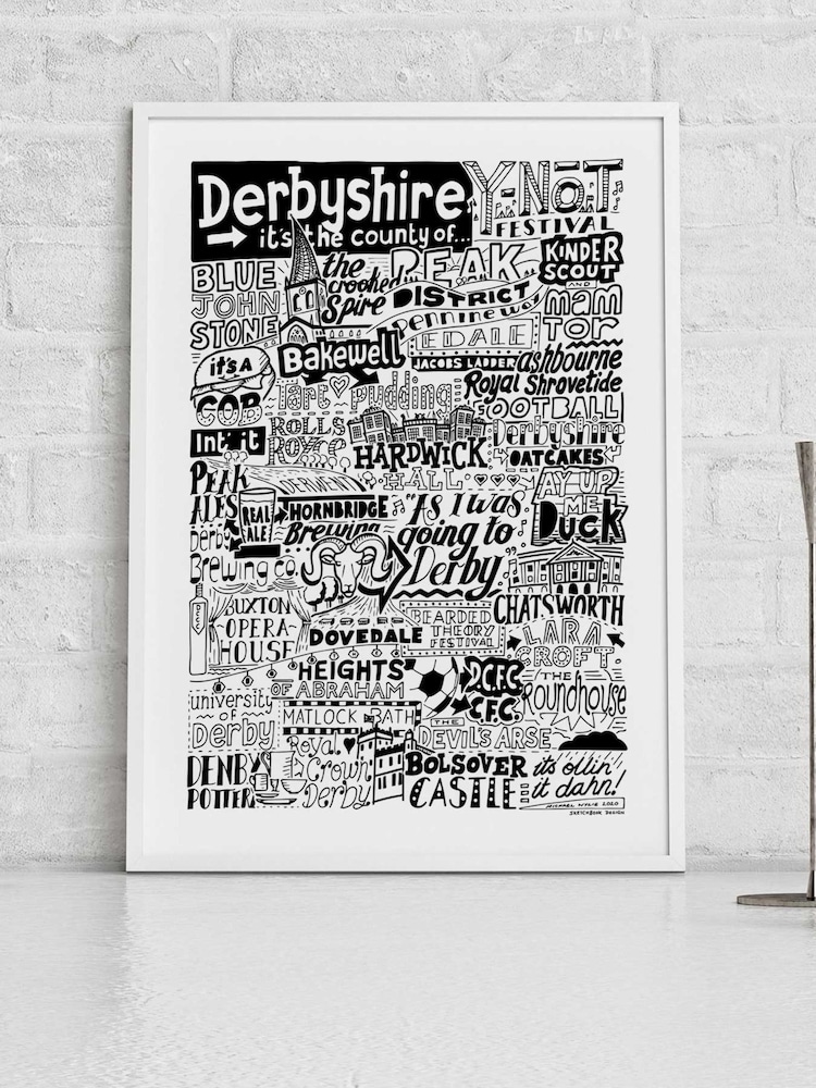Sketchbook Design Black Derbyshire Landmarks Illustration Framed Wall Art Print - White A3 Frame - Image 1 of 4 Sketchbook Design Black Derbyshire Landmarks Illustration Framed Wall Art Print - White A3 Frame - Image 1 of 4
