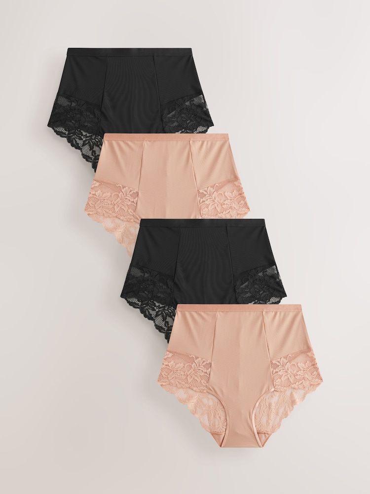 Black/Praline Nude Tummy Control Shaping Lace Back Brazilian Knickers 4 Pack - Image 1 of 10