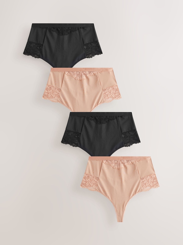 Black/Praline Nude Tummy Control Shaping Lace Thong Knickers 4 Pack - Image 1 of 7