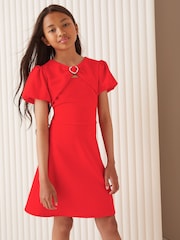 Lipsy Red Cut Out Heart Trim Puff Sleeve Dress (5-16yrs) - Image 1 of 4
