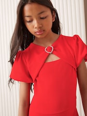 Lipsy Red Cut Out Heart Trim Puff Sleeve Dress (5-16yrs) - Image 2 of 4