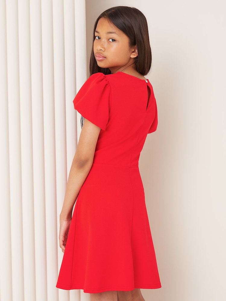 Lipsy Red Cut Out Heart Trim Puff Sleeve Dress (5-16yrs) - Image 4 of 4