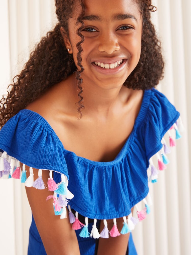 Lipsy Blue Bardot Crinkle Jersey Jumpsuit (5-16yrs) - Image 2 of 4