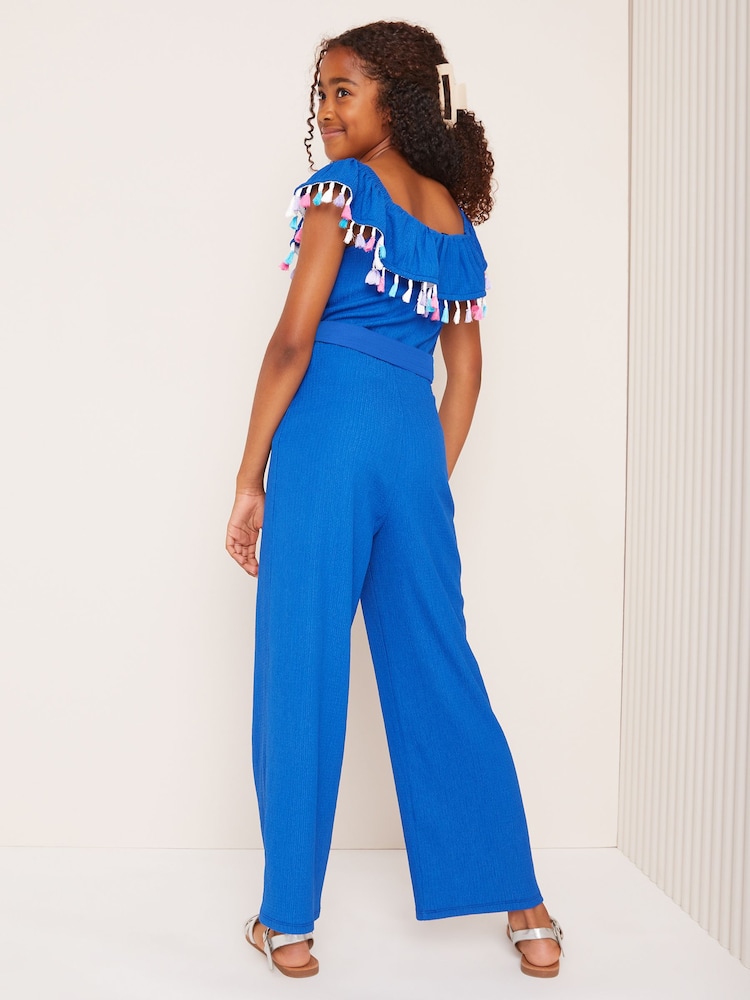 Lipsy Blue Bardot Crinkle Jersey Jumpsuit (5-16yrs) - Image 4 of 4