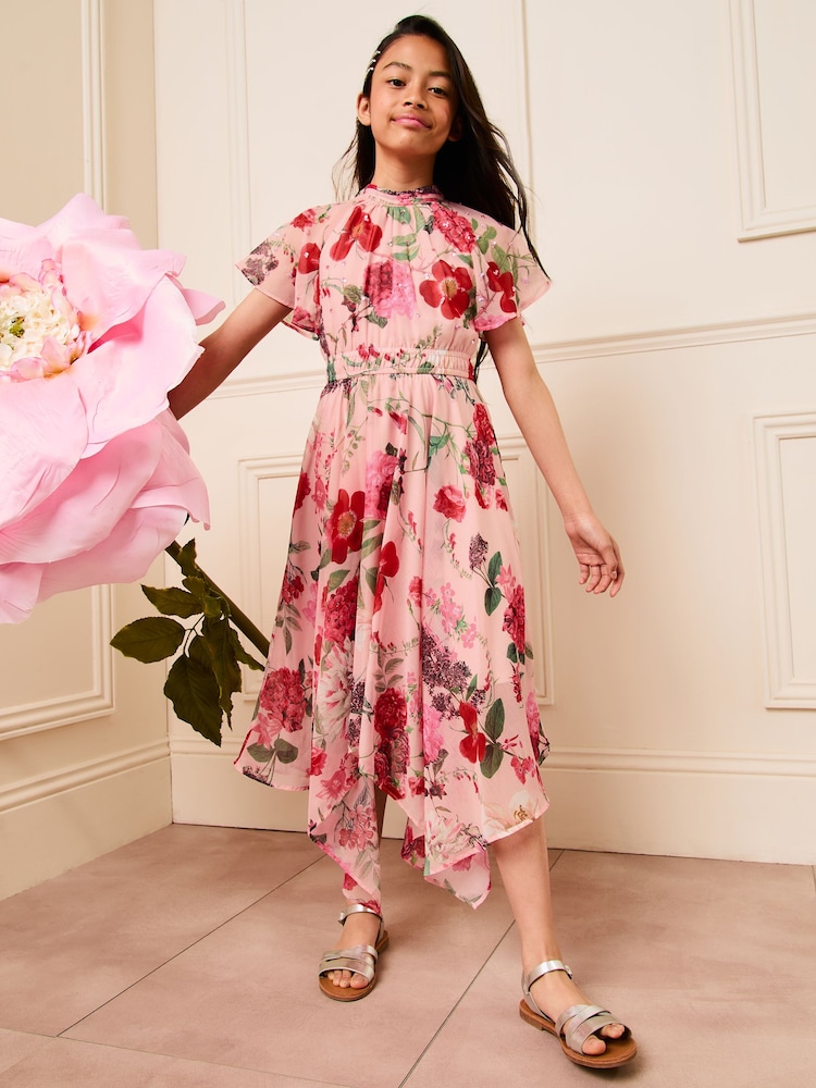 Lipsy Pink Floral Sequin Chiffon Hanky Hem Occasion Dress (5-16yrs) - Image 1 of 4 Lipsy Pink Floral Sequin Chiffon Hanky Hem Occasion Dress (5-16yrs) - Image 1 of 4
