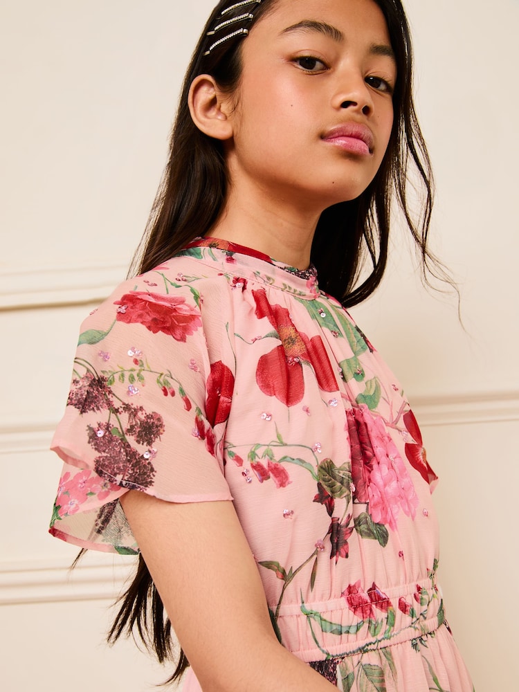 Lipsy Pink Floral Sequin Chiffon Hanky Hem Occasion Dress (5-16yrs) - Image 2 of 4 Lipsy Pink Floral Sequin Chiffon Hanky Hem Occasion Dress (5-16yrs) - Image 2 of 4