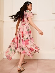 Lipsy Pink Floral Sequin Chiffon Hanky Hem Occasion Dress (5-16yrs) - Image 3 of 4