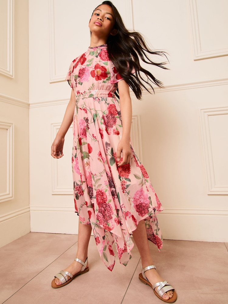 Lipsy Pink Floral Sequin Chiffon Hanky Hem Occasion Dress (5-16yrs) - Image 4 of 4 Lipsy Pink Floral Sequin Chiffon Hanky Hem Occasion Dress (5-16yrs) - Image 4 of 4