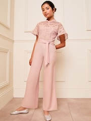 Lipsy Pink 2in1 Flutter Sleeve Lace Occasion Jumpsuit (5-16yrs) - Image 1 of 4