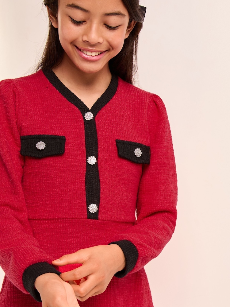 Lipsy Red Long Sleeve Boucle Dress (5-16yrs) - Image 2 of 4