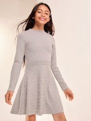 Lipsy Grey Pearl Detail Knitted Dress (5-16yrs) - Image 1 of 4