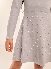 Lipsy Grey Pearl Detail Knitted Dress (5-16yrs) - Image 2 of 4